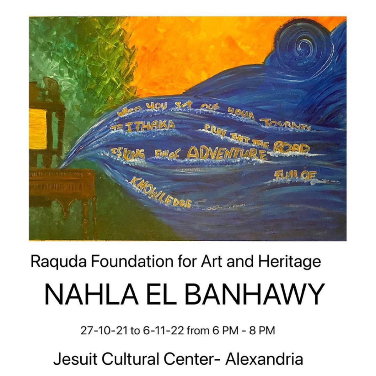 Exhibition poster for Nahla El Banhawy at the Raquda Foundation for Art and Heritage, Jesuit Cultural Center Alexandria